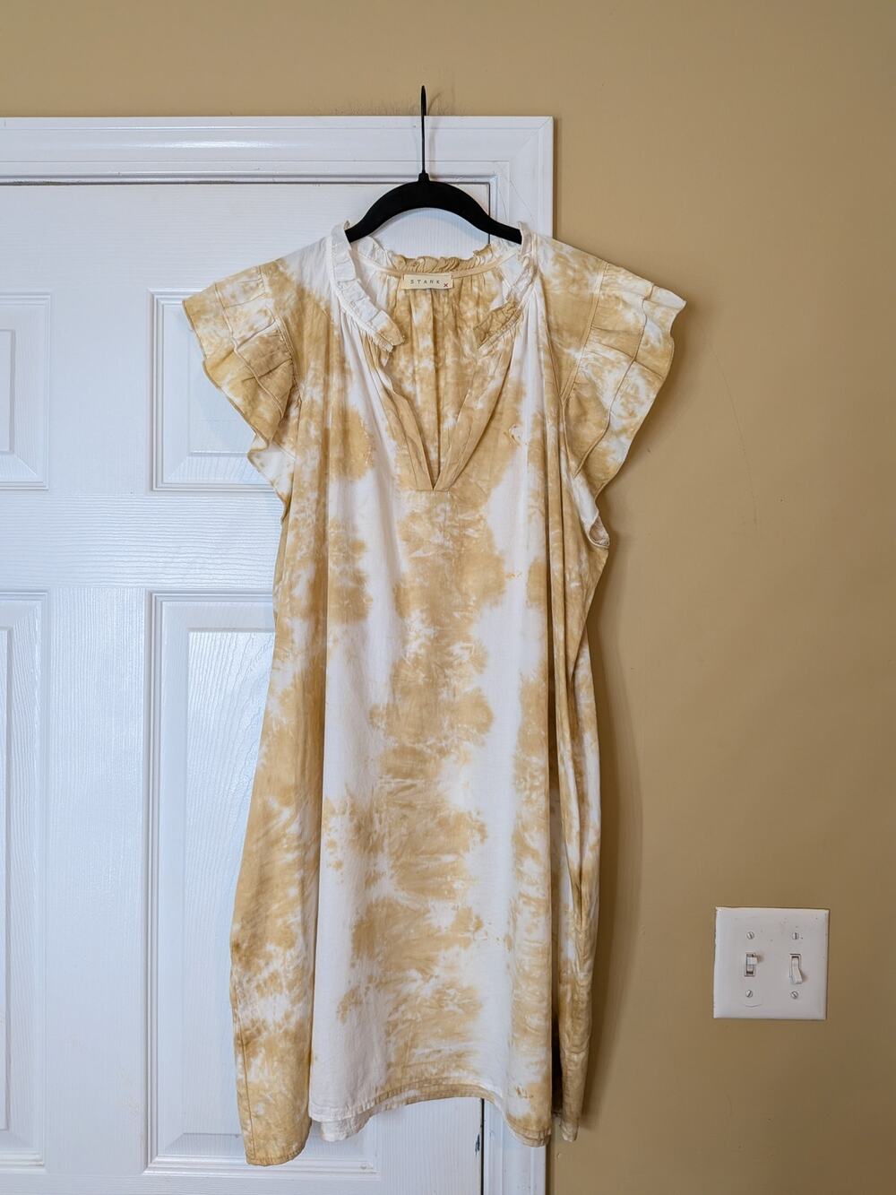Stark X Tan White Tie Dye Ruffle Sleeve Cotton Mini Shift Dress Size Small